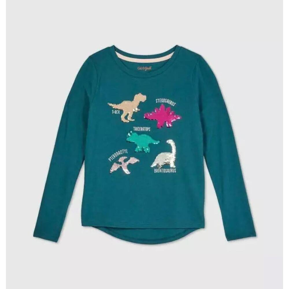 Cat & Jack Girls Long Sleeve Flip Sequin Dinosaurs T-Shirt Fits Size 4-5 Teal XS